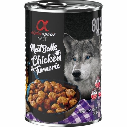 Alpha Spirit Kjøttboller med kylling og gurkemeie - Våtfôr Hund 6 x 400g